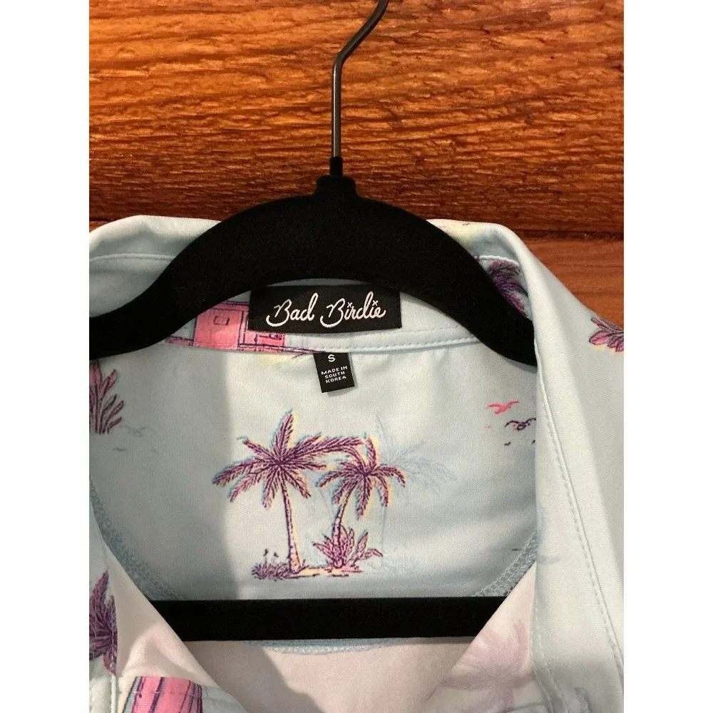 Bad Birdie‎ Polo Shirt Mens Size Small Boating Palm Tree Print Golf Short Sleeve